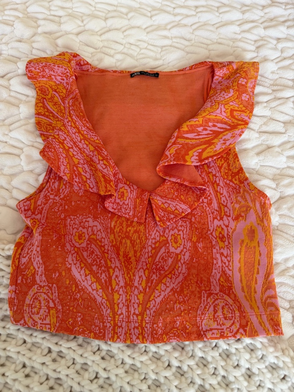 Zara Orange and Pink Paisley Ruffled Tank